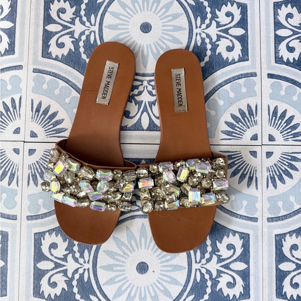 Steve Madden Brown Slide Sandals with Iridescent Crystal Embellishment